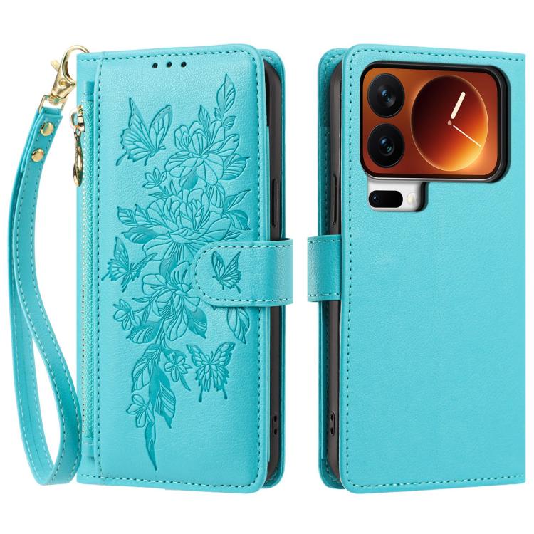 For Xiaomi 17 Pro Max 5G Butterfly Flower Zipper Wallet Vegan Leather Phone Case with Strap(Lake Blue) - Image 2