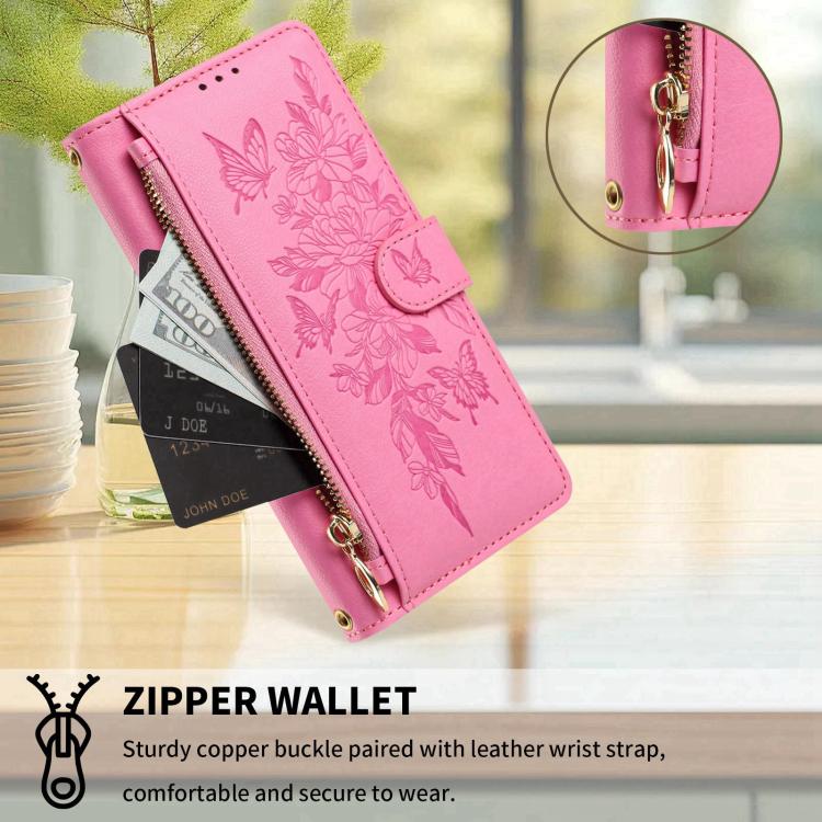 For Xiaomi 17 Pro Max 5G Butterfly Flower Zipper Wallet Vegan Leather Phone Case with Strap(Pink) - Image 6