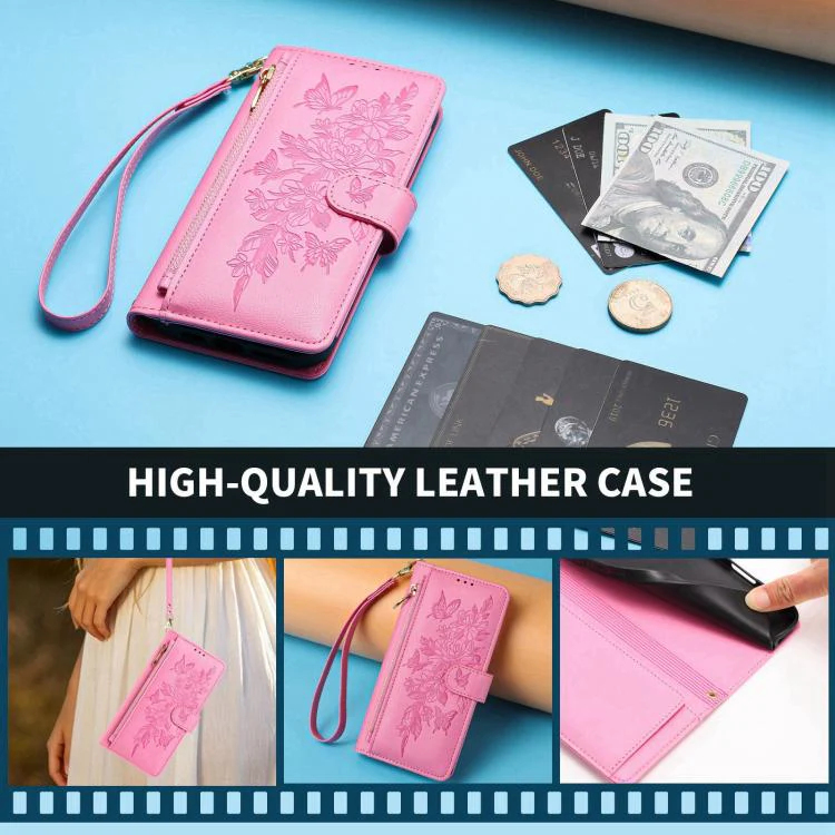 For Xiaomi 17 Pro Max 5G Butterfly Flower Zipper Wallet Vegan Leather Phone Case with Strap(Pink) - Image 8