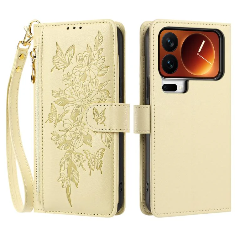 For Xiaomi 17 Pro Max 5G Butterfly Flower Zipper Wallet Vegan Leather Phone Case with Strap(Yellow) - Image 2