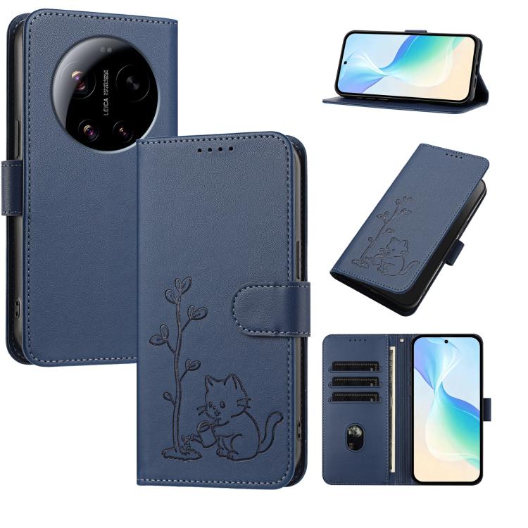 For Xiaomi 17 Ultra YX0014 Cat Watering Tree Buckle Vegan Leather Phone Case with Lanyard(Dark Blue)