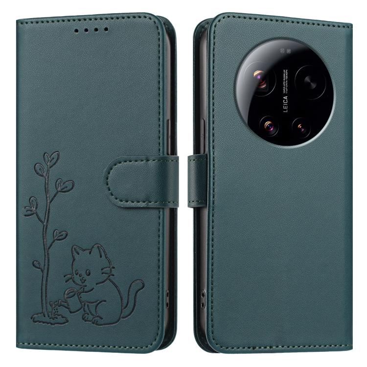 For Xiaomi 17 Ultra YX0014 Cat Watering Tree Buckle Vegan Leather Phone Case with Lanyard(Dark Green) - Image 2