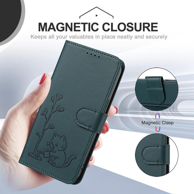 For Xiaomi 17 Ultra YX0014 Cat Watering Tree Buckle Vegan Leather Phone Case with Lanyard(Dark Green) - Image 4