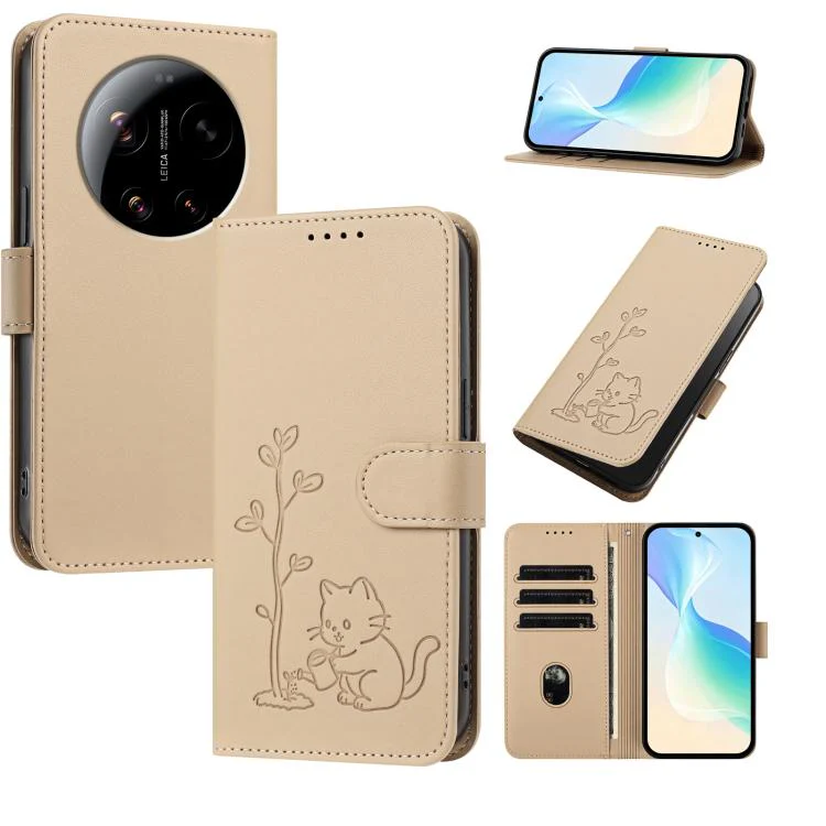 For Xiaomi 17 Ultra YX0014 Cat Watering Tree Buckle Vegan Leather Phone Case with Lanyard(Gold)