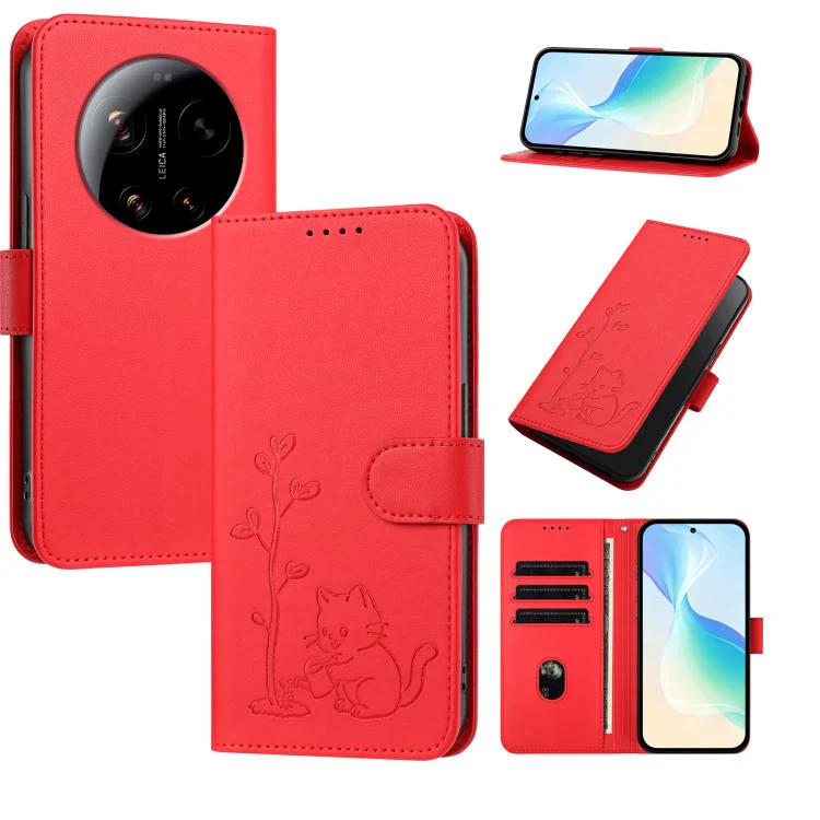 For Xiaomi 17 Ultra YX0014 Cat Watering Tree Buckle Vegan Leather Phone Case with Lanyard(Red)