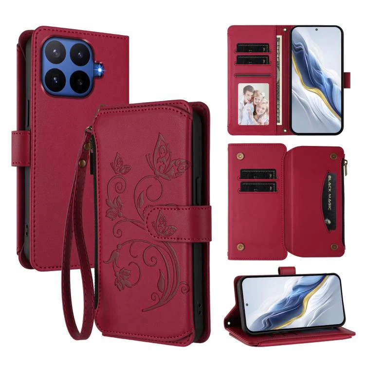 For Xiaomi 17T Pro 5G Butterfly Love Flower Multi-card Zipper Wallet Leather Phone Case(Wine Red)