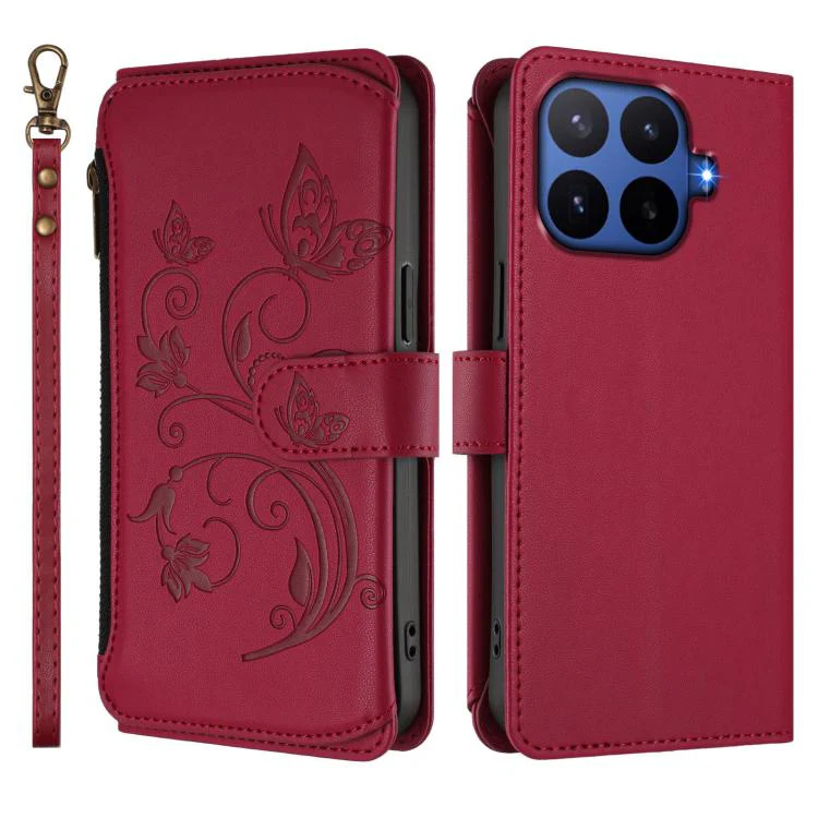 For Xiaomi 17T Pro 5G Butterfly Love Flower Multi-card Zipper Wallet Leather Phone Case(Wine Red) - Image 2