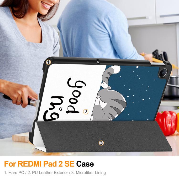 For Xiaomi Redmi Pad 2 SE 9.7 2026 Custer Painted 3-Fold Stand Leather Smart Tablet Case(Lazy Cat) - Image 9