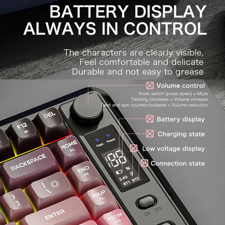 FREE WOLF M75 Russian Wireless Bluetooth Dual-Mode Mechanical Keyboard With PBT Gradient Caps and Display Screen(Moonlit Night) - Image 5