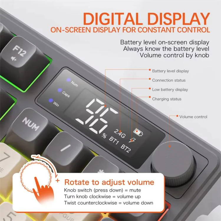 FREE WOLF M96 Wireless Bluetooth Dual-Mode Russian Keyboard PBT Dome Display Gaming Keyboard(Blueberry) - Image 6