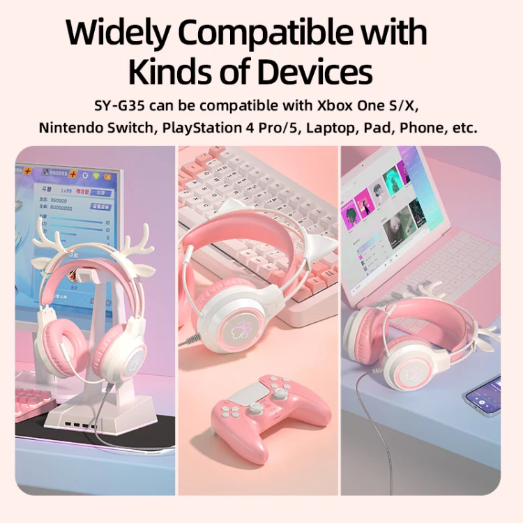 G35 Cute Cat RGB Head-mounted Wired Gaming Earphone(Pink) - Image 8