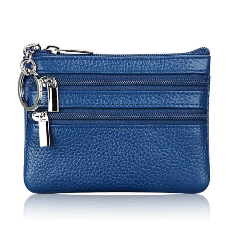 Genuine Leather Double Zipper Key Coin Purse(Blue)