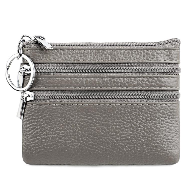 Genuine Leather Double Zipper Key Coin Purse(Grey)
