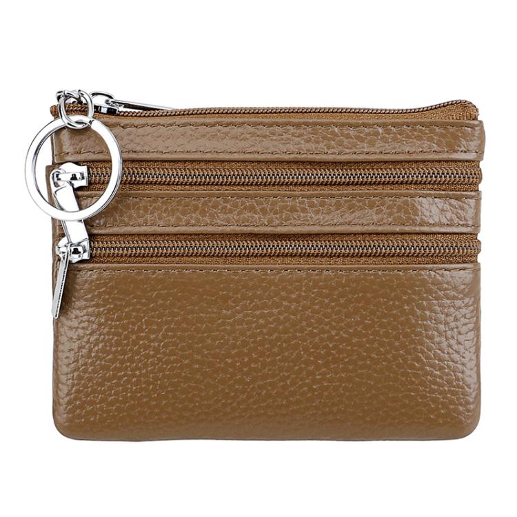 Genuine Leather Double Zipper Key Coin Purse(Khaki)
