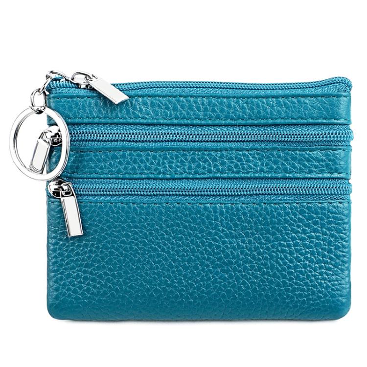 Genuine Leather Double Zipper Key Coin Purse(Lake Blue)