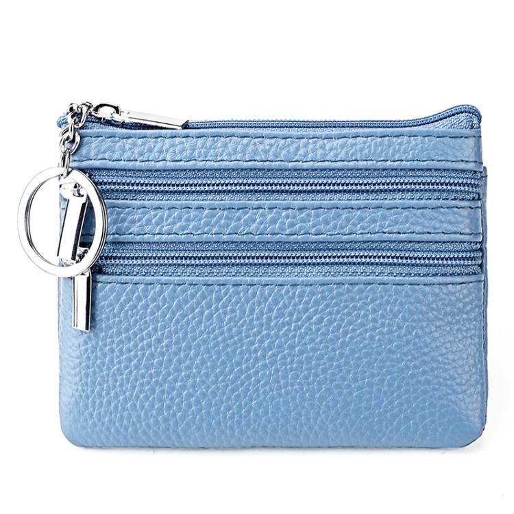 Genuine Leather Double Zipper Key Coin Purse(Light Blue)