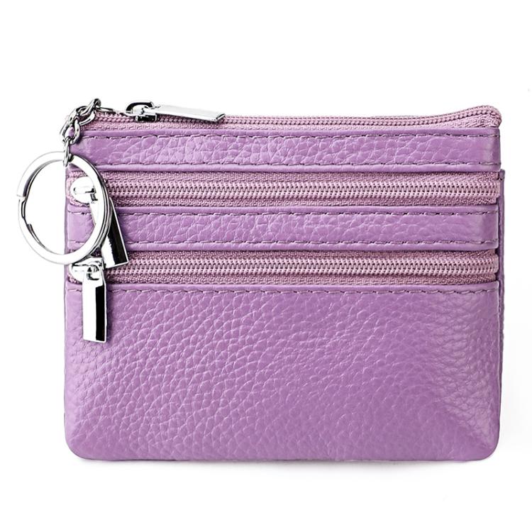 Genuine Leather Double Zipper Key Coin Purse(Light Purple)