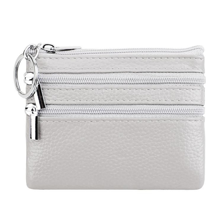 Genuine Leather Double Zipper Key Coin Purse(Medium Gray)