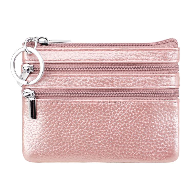 Genuine Leather Double Zipper Key Coin Purse(Rose Gold)