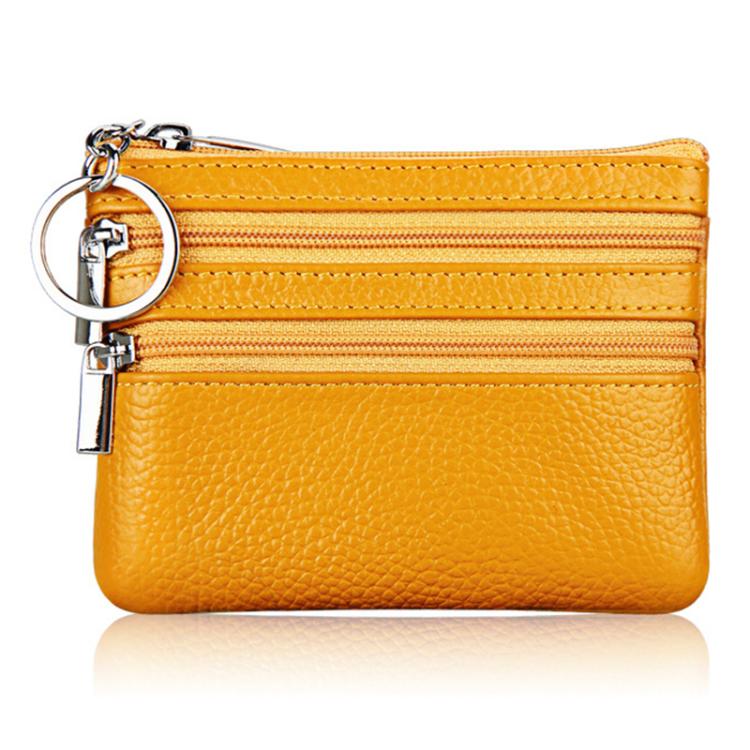 Genuine Leather Double Zipper Key Coin Purse(Yellow)