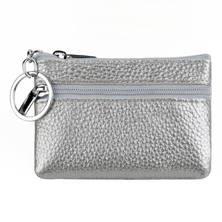 Genuine Leather Zipper Key Coin Purse(Silver)