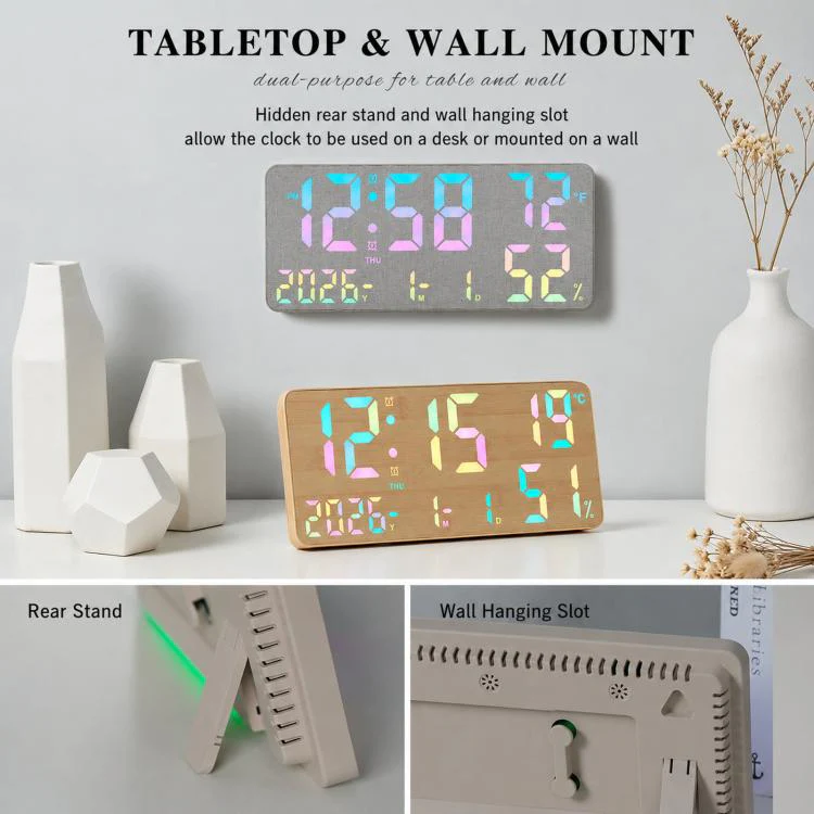 GH8070 Fabric Fixed White Light Large Display Digital Wall Clock With Temp Humidity Dual Alarm Desk Clock - Image 4