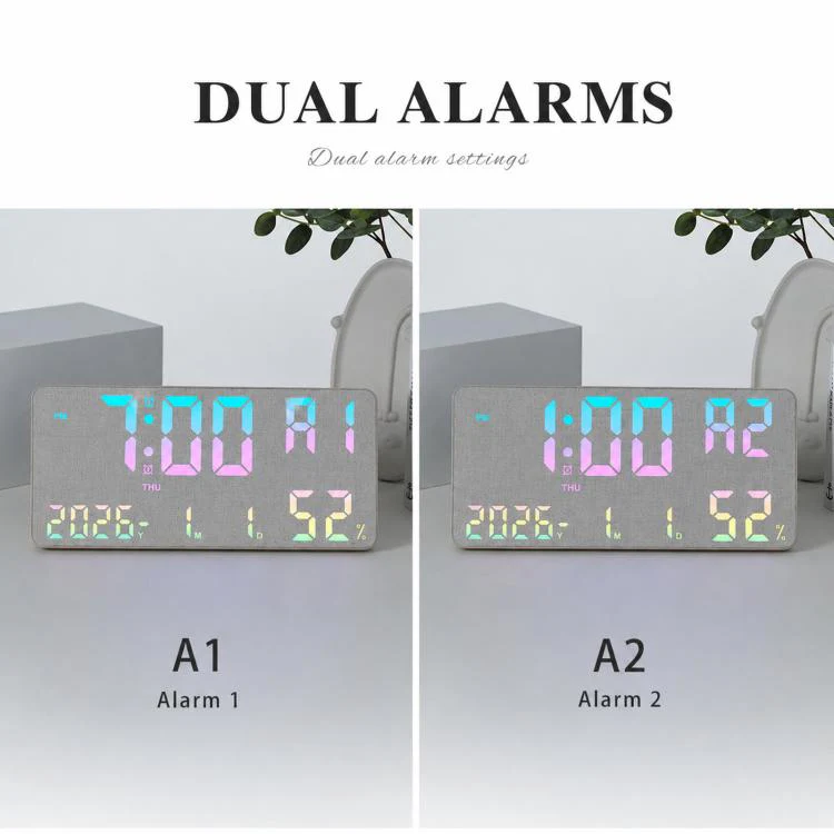 GH8070 Fabric Fixed White Light Large Display Digital Wall Clock With Temp Humidity Dual Alarm Desk Clock - Image 7