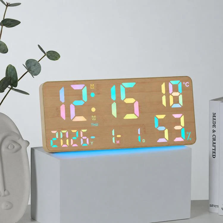 GH8071 Woodgrain Color Changing Large Display Digital Wall Clock With Temp Humidity Dual Alarm Desk Clock