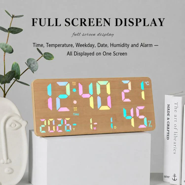 GH8071 Woodgrain Color Changing Large Display Digital Wall Clock With Temp Humidity Dual Alarm Desk Clock - Image 3