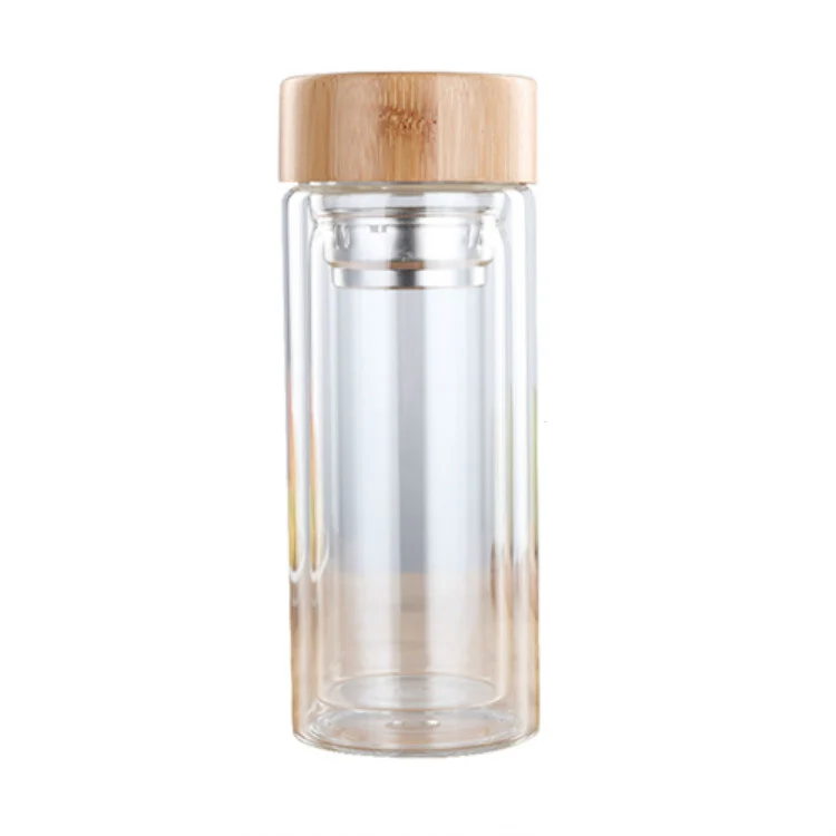 Glass Water Tea Bottles with Infuser Bamboo Lid Double Wall Brief Portable Outdoor Bottle 350ML