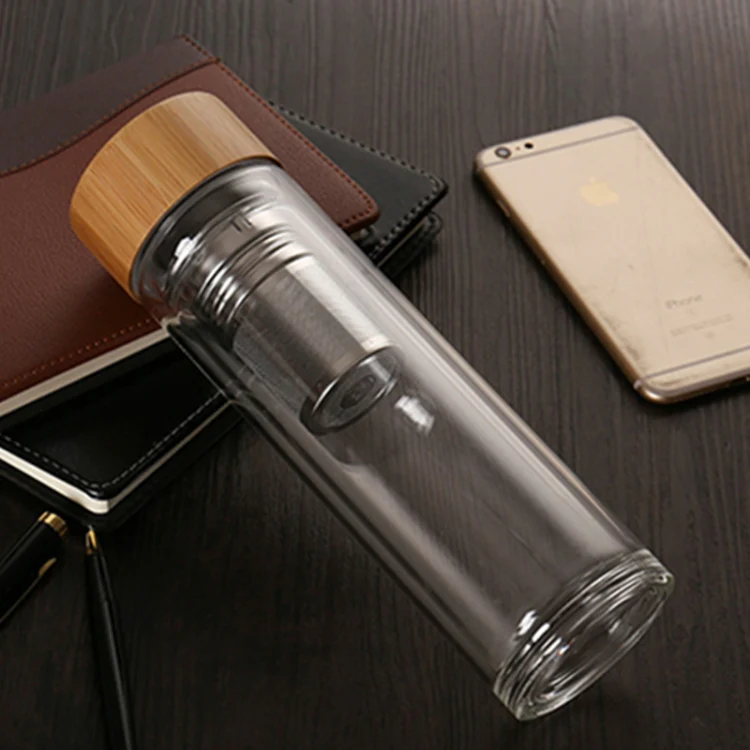 Glass Water Tea Bottles with Infuser Bamboo Lid Double Wall Brief Portable Outdoor Bottle 350ML - Image 4