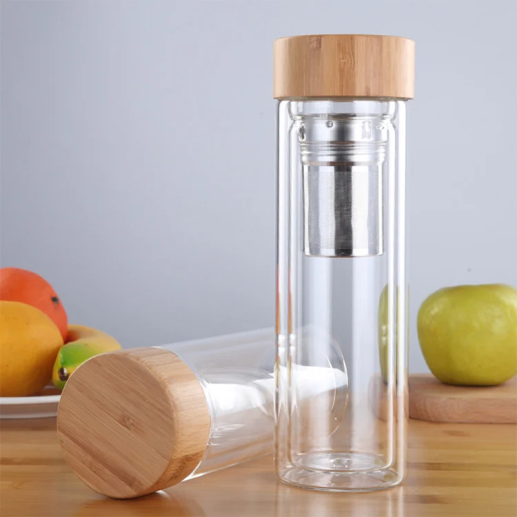 Glass Water Tea Bottles with Infuser Bamboo Lid Double Wall Brief Portable Outdoor Bottle 350ML - Image 5