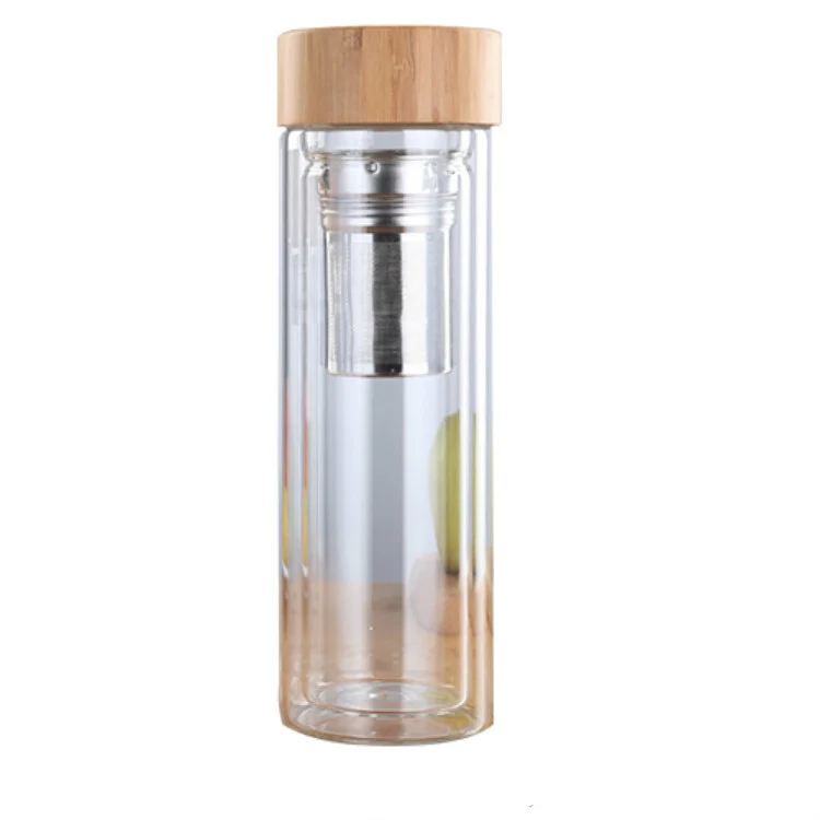 Glass Water Tea Bottles with Infuser Bamboo Lid Double Wall Brief Portable Outdoor Bottle 450ML