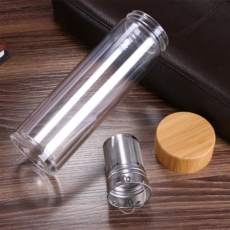 Glass Water Tea Bottles with Infuser Bamboo Lid Double Wall Brief Portable Outdoor Bottle 450ML - Image 6