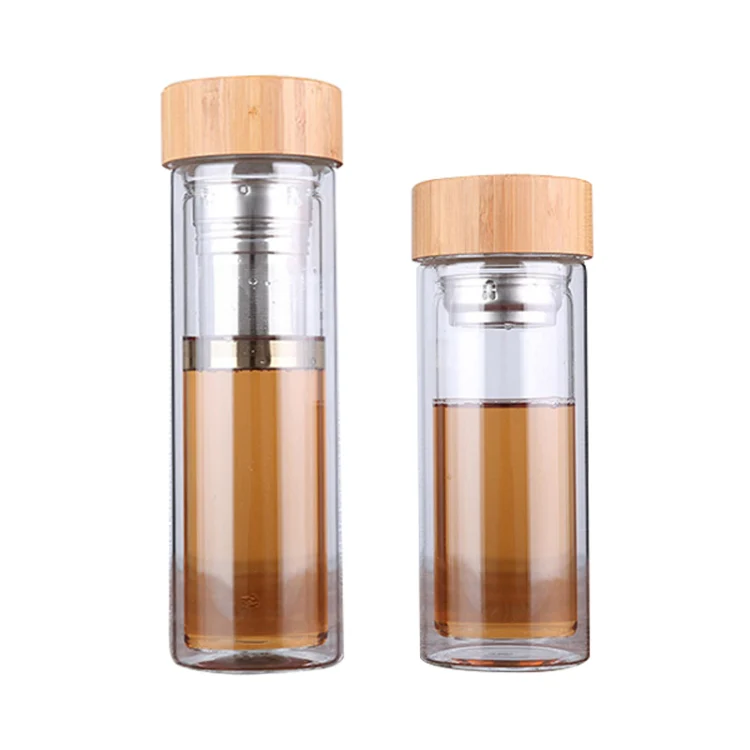 Glass Water Tea Bottles with Infuser Bamboo Lid Double Wall Brief Portable Outdoor Bottle 450ML - Image 8
