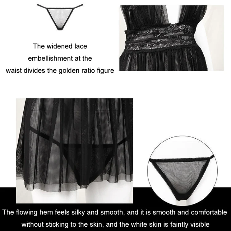Halter Neck Sexy Lingerie Mesh Backless See-through Nightdress, Color: Black + Underwear(40-62.5kg) - Image 5