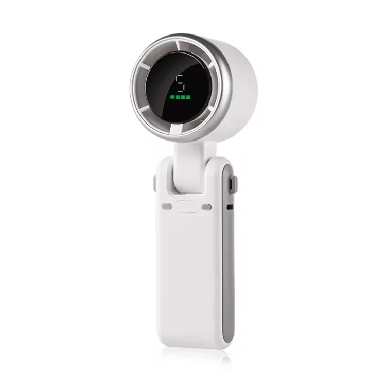 Hand-held Folding Turbo Fan Hanging Neck & Desktop Dual-use 5 Gear Adjustable with Digital Display(White)