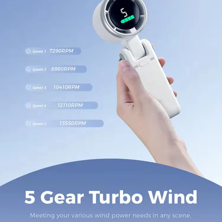 Hand-held Folding Turbo Fan Hanging Neck & Desktop Dual-use 5 Gear Adjustable with Digital Display(White) - Image 4
