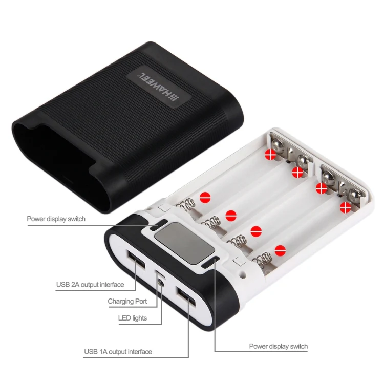 HAWEEL DIY 4 x 18650 Battery (Not Included) 10000mAh Power Bank Shell Box with 2 x USB Output & Display for iPhone, Galaxy, Sony, HTC, Google, Huawei, Xiaomi, Lenovo and other Smartphones(Black) - Image 4