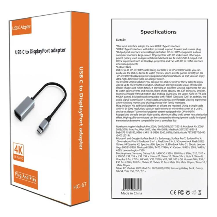 HC-67 DP 1.4 4K HDMI Video Adapter Cable Type-C Male to DisplayPort Female Cable - Image 10
