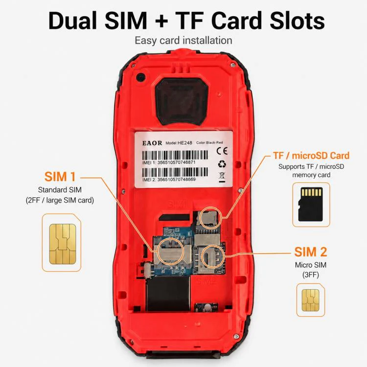 HE248 Rugged Style Phone, 2.4 inch, 3D Keys Network: 2G, Dual SIM, BT, Torch, Russian Keyboard, Plug:US Plug(Black) - Image 10