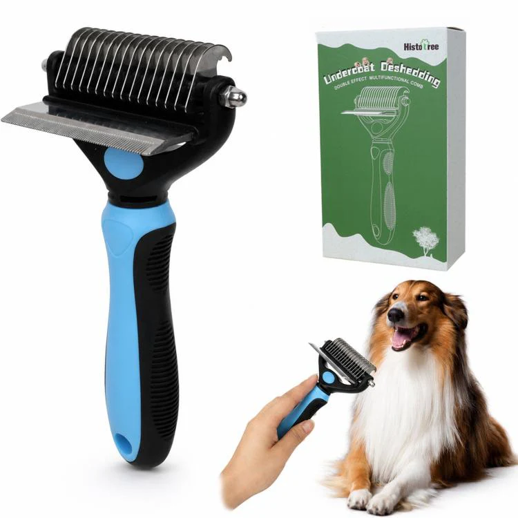 HistoTree 2-in-1 Pet Dematting Comb and Undercoat Deshedding Rake Safe Double Sided Curved Blades Detangling Tool(Blue)