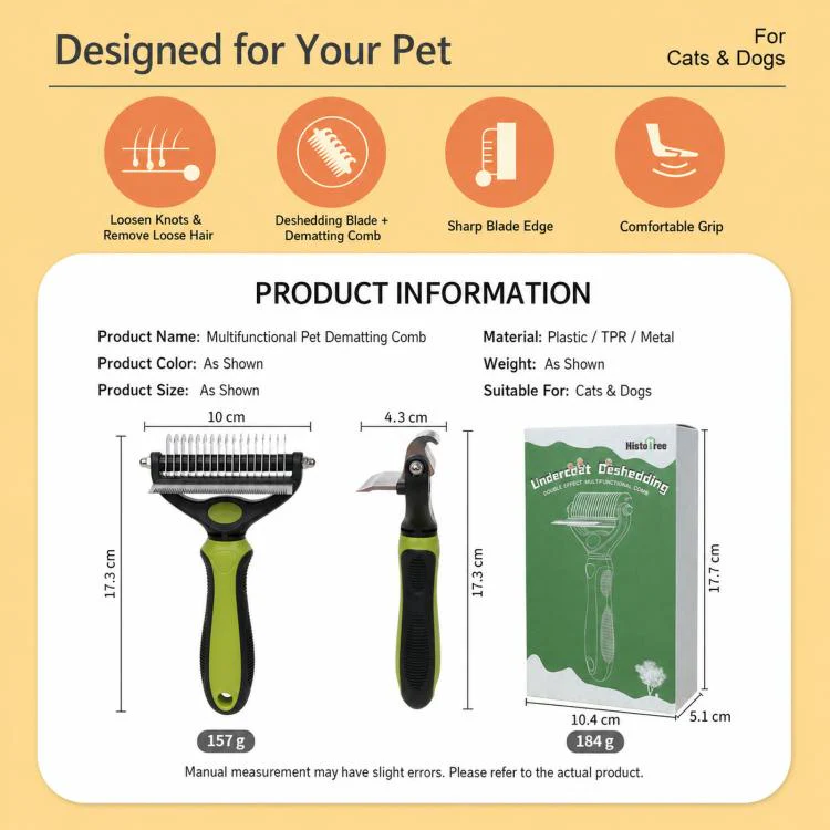 HistoTree 2-in-1 Pet Dematting Comb and Undercoat Deshedding Rake Safe Double Sided Curved Blades Detangling Tool(Blue) - Image 8
