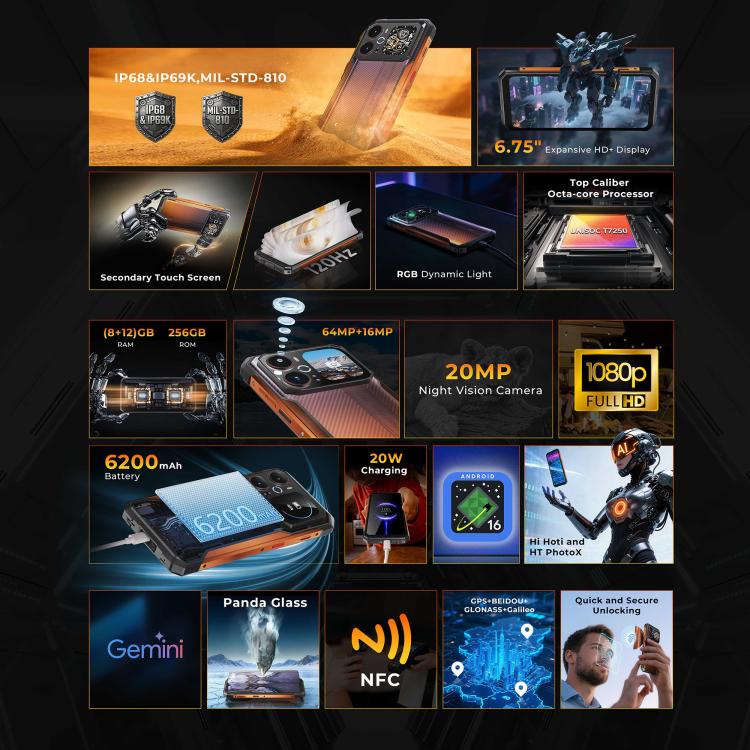 [HK Warehouse] HOTWAV Cyber 18 Rugged Phone, 8GB+256GB, 6.75 inch Android 16 Unisoc T7250 UMS9230E Octa Core, Network: 4G, NFC, OTG (Orange) - Image 5