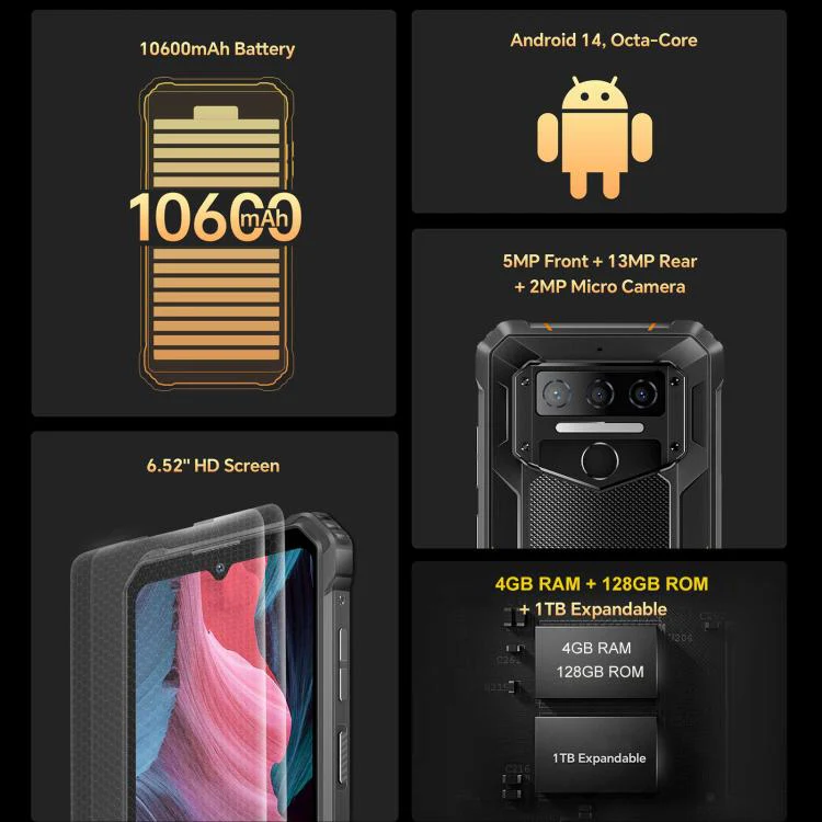 [HK Warehouse] Oukitel WP23 Plus Rugged Phone, 4GB+128GB, 6.52 inch Android 14.0Unisoc T606 Octa-core, NFC, OTG, Network: 4G (Black) - Image 5