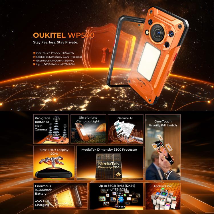 [HK Warehouse] Oukitel WP500 Rugged Phone, 12GB+1TB, 108MP Camera, Night Vision, Fingerprint Identification, 6.78 inch Android 16 MTK Dimensity 8300 Octa Core, NFC, OTG, Network: 5G (Black) - Image 5