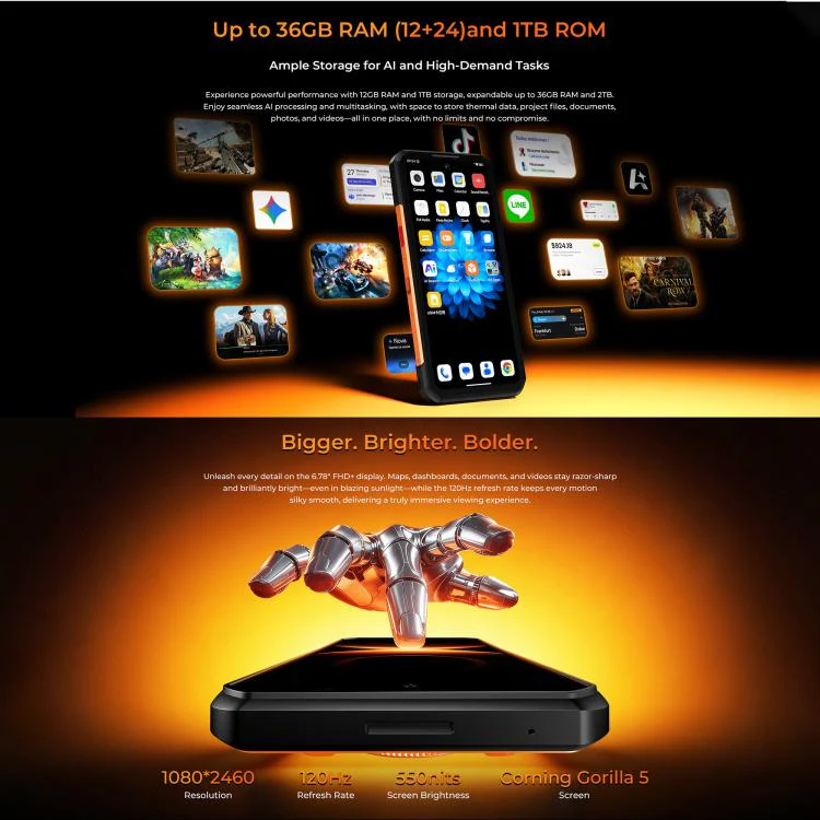 [HK Warehouse] Oukitel WP500 Rugged Phone, 12GB+1TB, 108MP Camera, Night Vision, Fingerprint Identification, 6.78 inch Android 16 MTK Dimensity 8300 Octa Core, NFC, OTG, Network: 5G (Orange) - Image 8