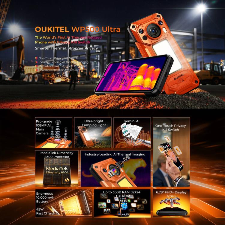 [HK Warehouse] Oukitel WP500 Ultra Rugged Phone, Thermal Imaging, 12GB+1TB, 108MP Camera, Fingerprint Identification, 6.78 inch Android 16 MTK Dimensity 8300 Octa Core, NFC, OTG, Network: 5G (Black) - Image 5