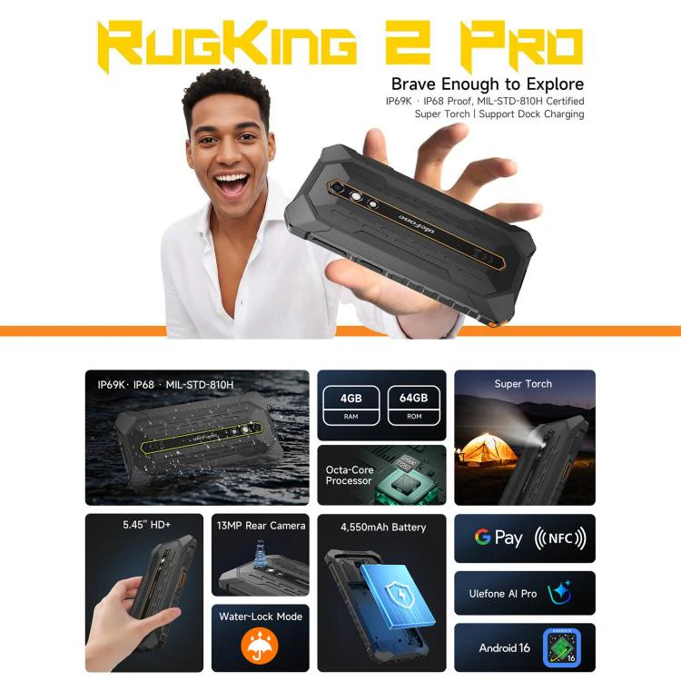 [HK Warehouse] Ulefone RugKing 2 Pro, 4GB+64GB, IP68/IP69K Rugged Phone, 5.45 inch Android 16 Unisoc T7250 Octa Core, Network: 4G, NFC, OTG (Green) - Image 4