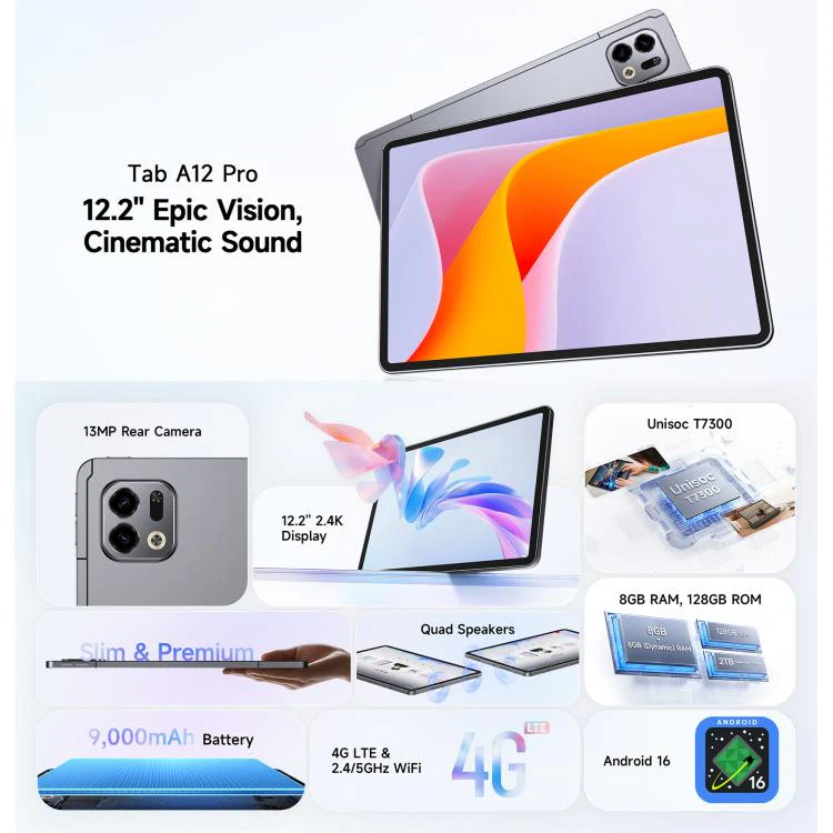 [HK Warehouse] Ulefone Tab A12 Pro Tablet PC, 8GB+128GB, 12.2 inch Android 16 Unisoc T7300 Octa Core 4G Network, EU Plug (Space Grey) - Image 4